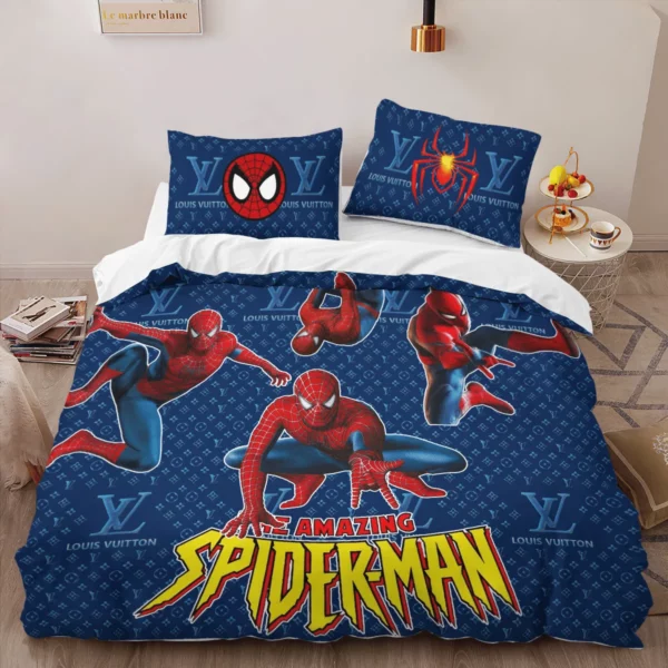 Louis Vuitton Spider Man Blue Louis Vuitton Logo Brand Bedding Set Luxury Bedspread Bedroom Home Decor