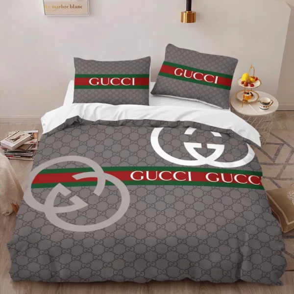 Gucci Grey Logo Brand Bedding Set Luxury Home Decor Bedroom Bedspread