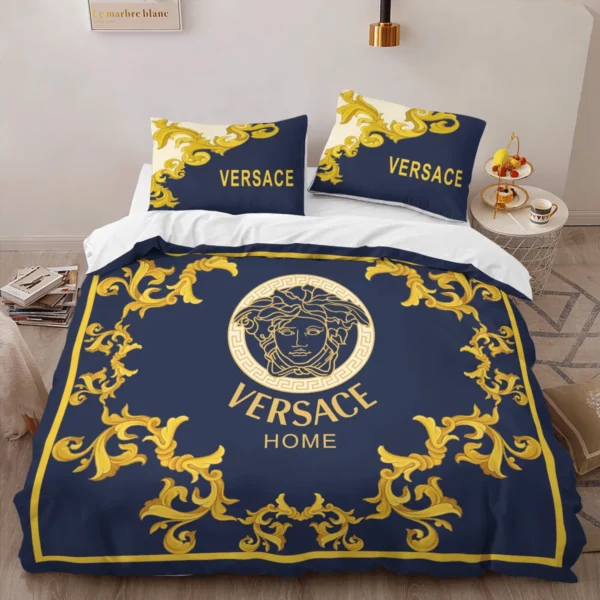 Versace Blue Logo Brand Bedding Set Bedspread Home Decor Luxury Bedroom