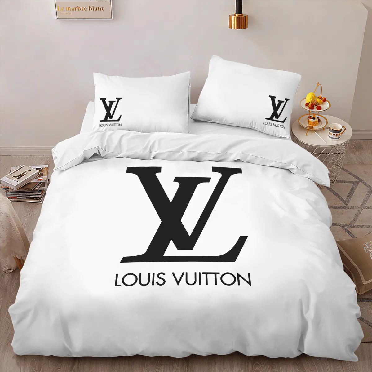 Louis Vuitton White Louis Vuitton Logo Brand Bedding Set Bedspread Luxury Home Decor Bedroom