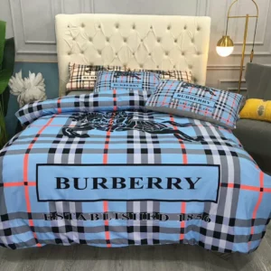 Burberry Blue Logo Brand Bedding Set Luxury Bedspread Home Decor Bedroom