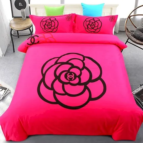 Chanel Paris Red Big Roses Logo Brand Bedding Set Bedspread Luxury Home Decor Bedroom