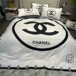 Chanel White Logo Brand Bedding Set Luxury Bedroom Home Decor Bedspread