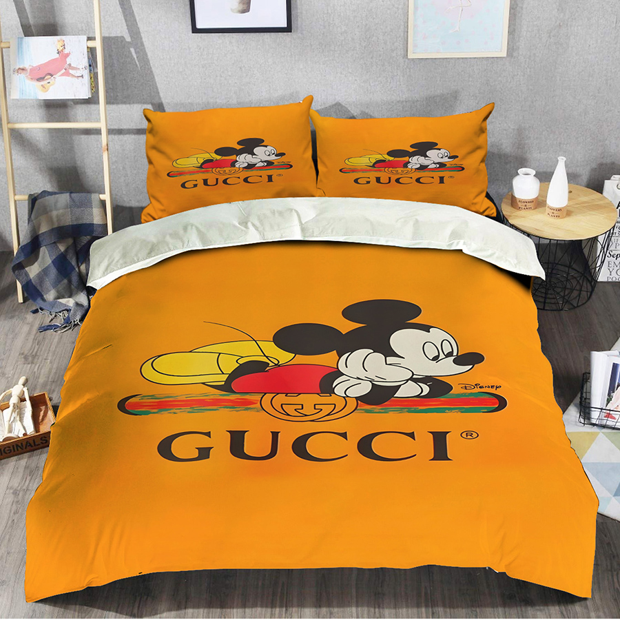 Gucci Orange Mickey Logo Brand Bedding Set Luxury Bedspread Bedroom Home Decor