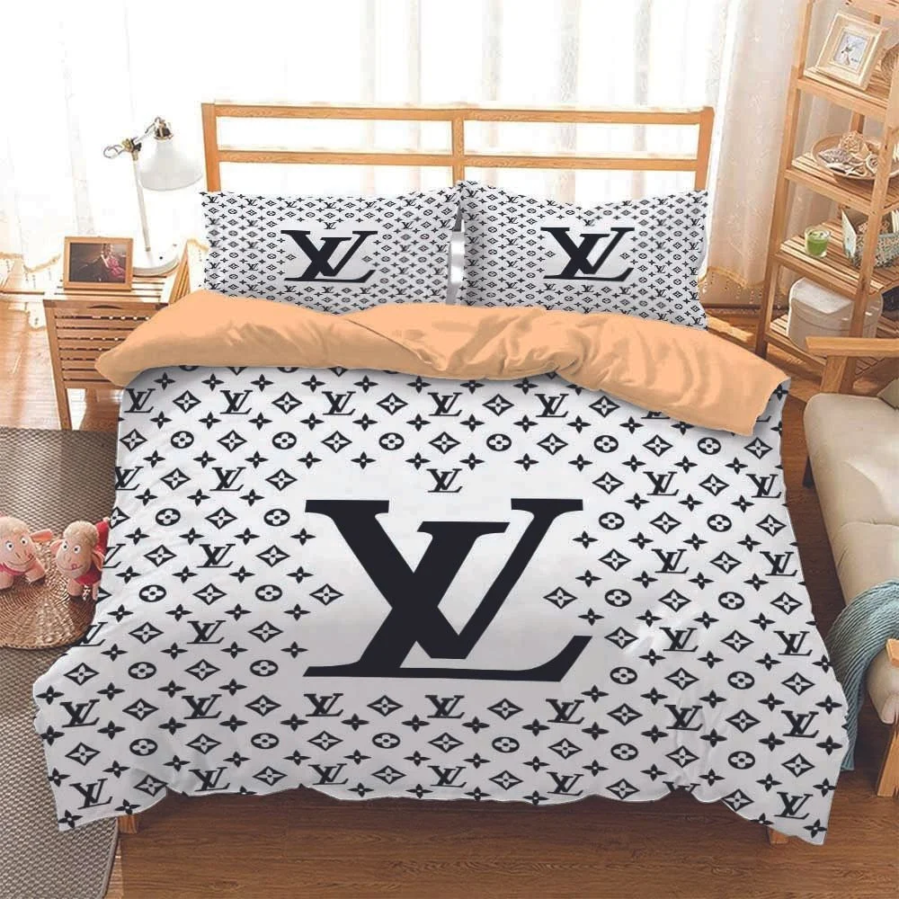 Louis Vuitton White Logo Brand Bedding Set Bedroom Luxury Bedspread Home Decor