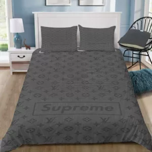 Louis Vuitton Supreme Grey Logo Brand Bedding Set Luxury Bedspread Home Decor Bedroom