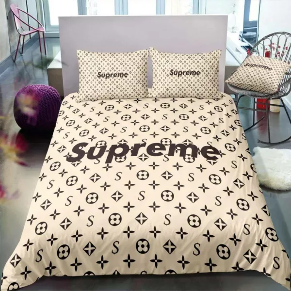 Louis Vuitton Supreme Light Yellow Logo Brand Bedding Set Bedspread Luxury Home Decor Bedroom