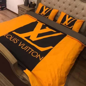 Louis Vuiton Orange Logo Brand Bedding Set Bedspread Luxury Bedroom Home Decor