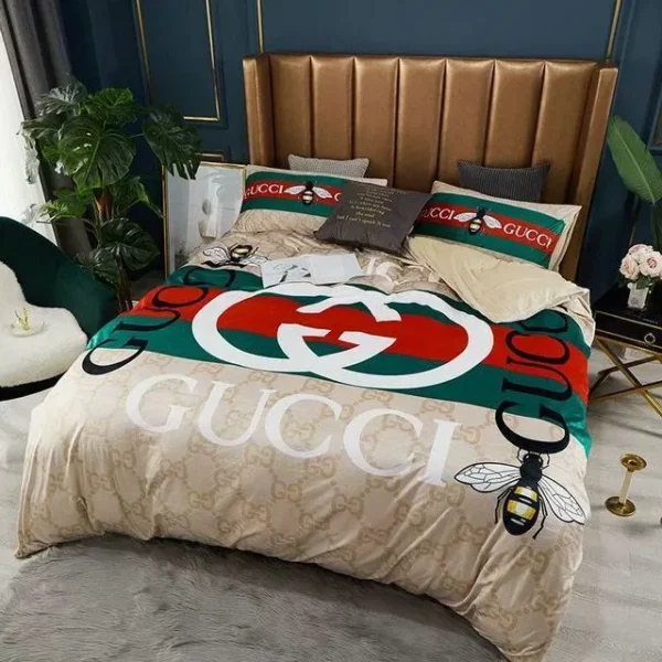 Gucci Bee Khaki Logo Brand Bedding Set Bedspread Home Decor Luxury Bedroom