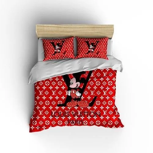 Louis Vuiton Mickey Red Cute Logo Brand Bedding Set Bedspread Home Decor Bedroom Luxury