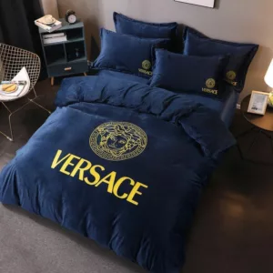 Versace Deep Blue Logo Brand Bedding Set Bedspread Bedroom Home Decor Luxury