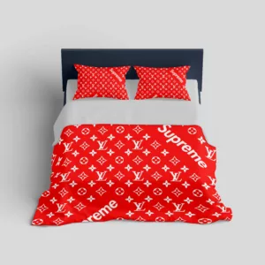 Louis Vuitton Supreme Red Logo Brand Bedding Set Bedspread Bedroom Home Decor Luxury