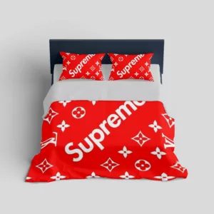 Louis Vuitton Supreme Red Logo Brand Bedding Set Home Decor Luxury Bedroom Bedspread