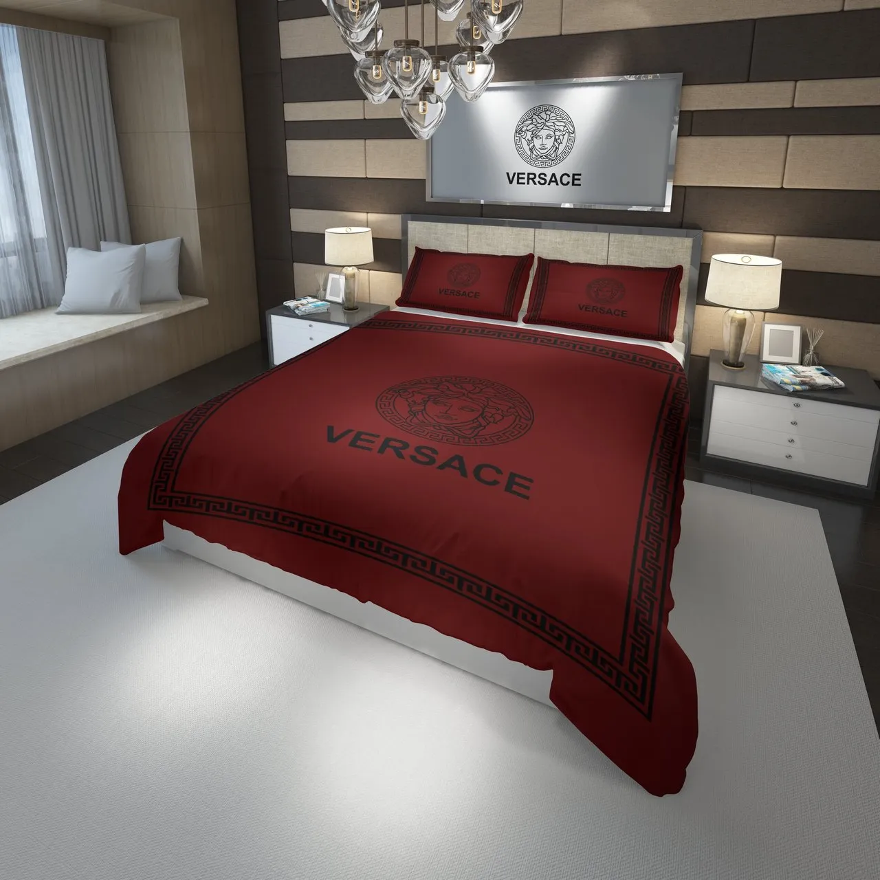 Versace Red Logo Brand Bedding Set Bedspread Home Decor Bedroom Luxury