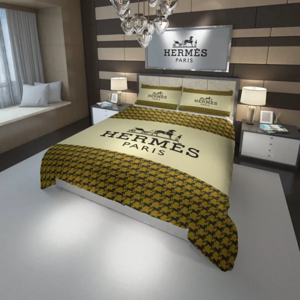 Hermes Paris Yellow Logo Brand Bedding Set Bedspread Home Decor Luxury Bedroom