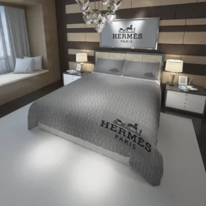 Hermes Paris Grey Logo Brand Bedding Set Luxury Bedroom Bedspread Home Decor