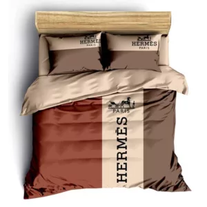 Hermes Brown Logo Brand Bedding Set Bedspread Luxury Bedroom Home Decor