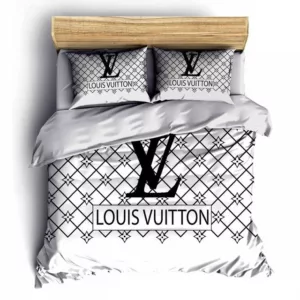 Louis Vuitton White Logo Brand Bedding Set Home Decor Bedroom Luxury Bedspread