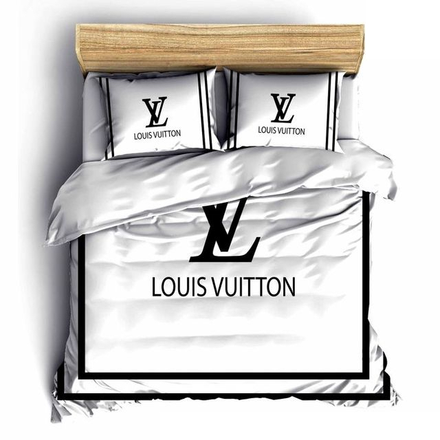 Louis Vuitton White Logo Brand Bedding Set Bedspread Luxury Home Decor Bedroom