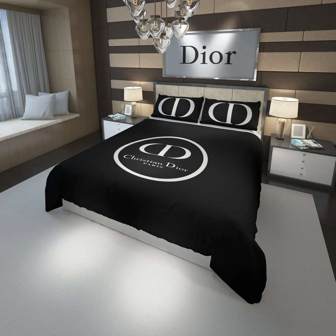 Christian Dior Black Circle Logo Brand Bedding Set Bedspread Home Decor Bedroom Luxury