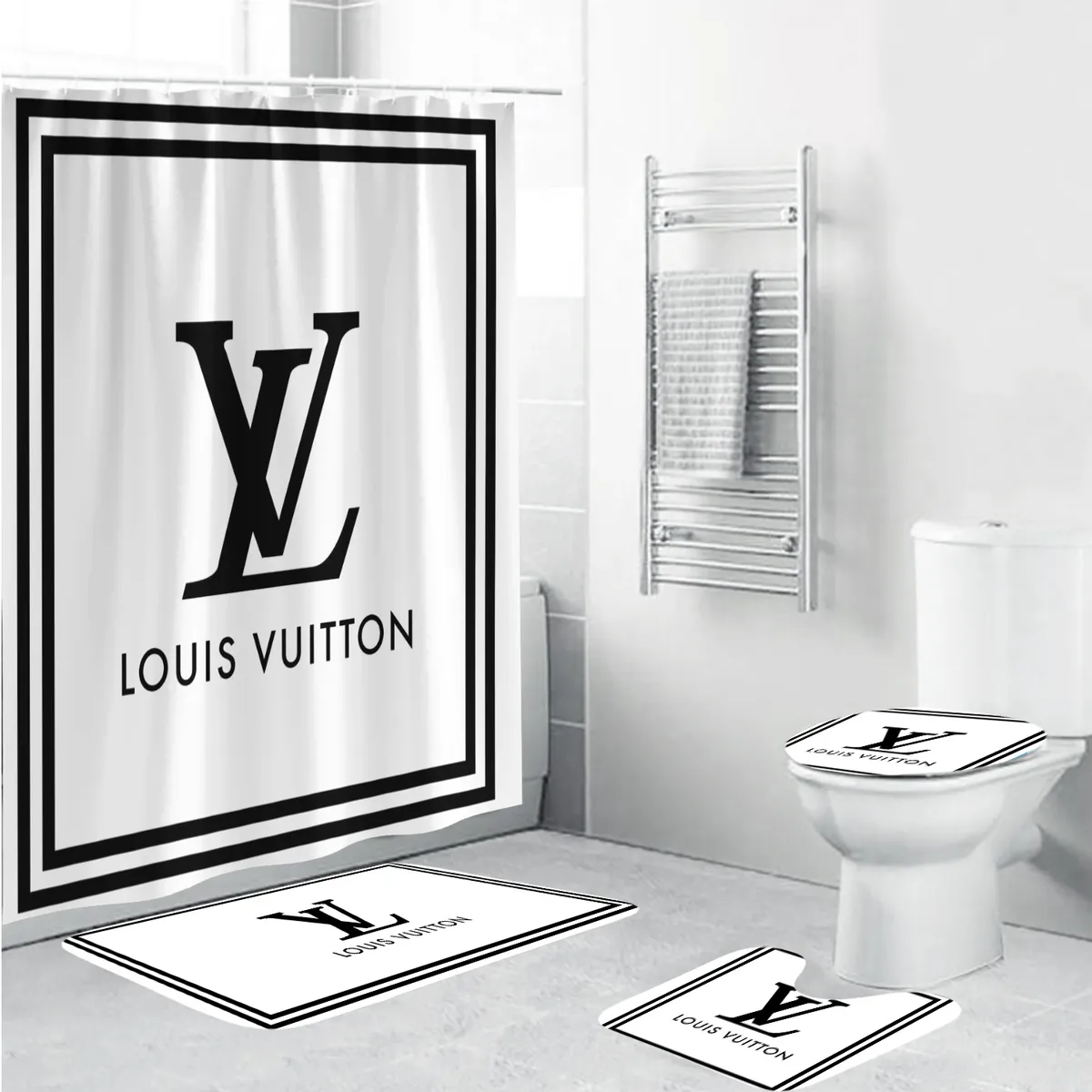 Louis Vuitton White Bathroom Set Bath Mat Home Decor Luxury Fashion Brand Hypebeast