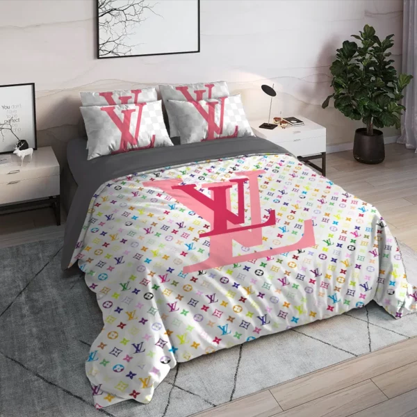 Louis Vuitton Colorful Logo Brand Bedding Set Luxury Bedroom Home Decor Bedspread