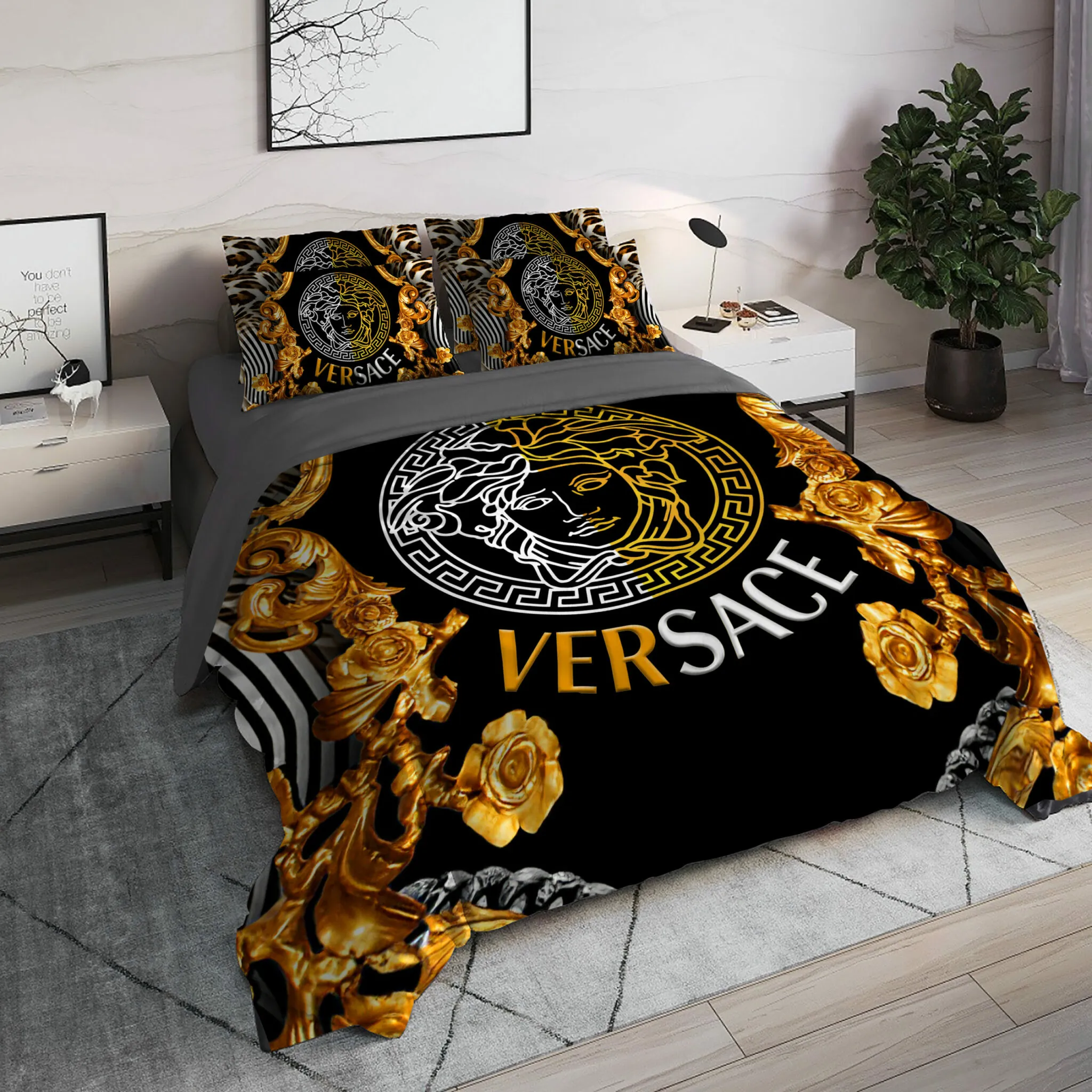 Versace Golden Logo Brand Bedding Set Bedroom Home Decor Luxury Bedspread