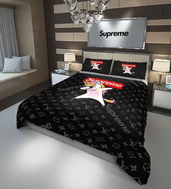 Louis Vuitton Supreme Unicorn Logo Brand Bedding Set Bedspread Home Decor Bedroom Luxury