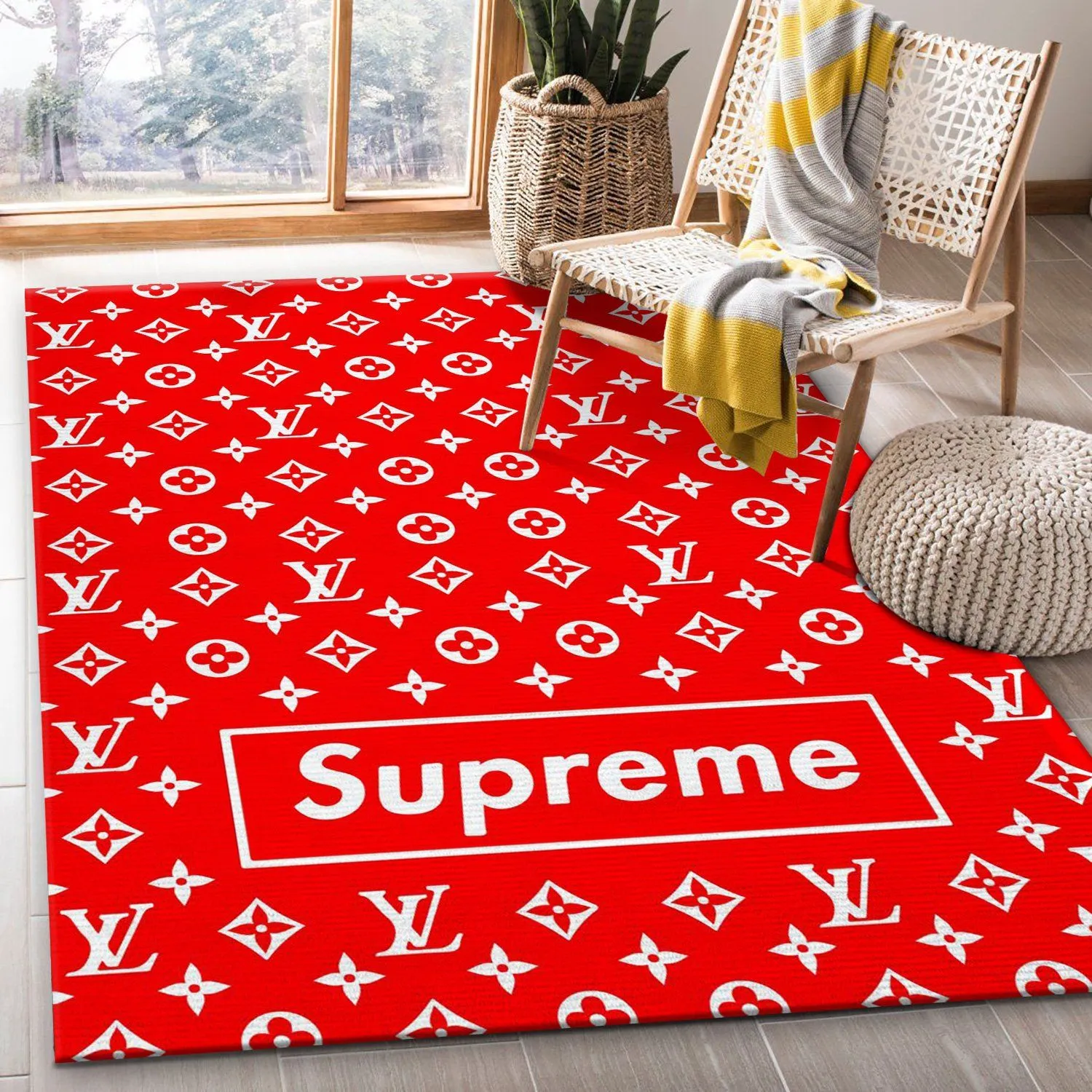 Supreme lv red Rectangle Rug Fashion Brand Home Decor Luxury Door Mat Area Carpet