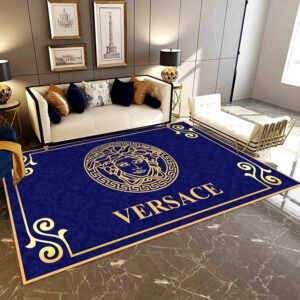 Versace Inspired Area Blue Gold Luxury Fashion Brand Rug Area Carpet Door Mat Home Decor