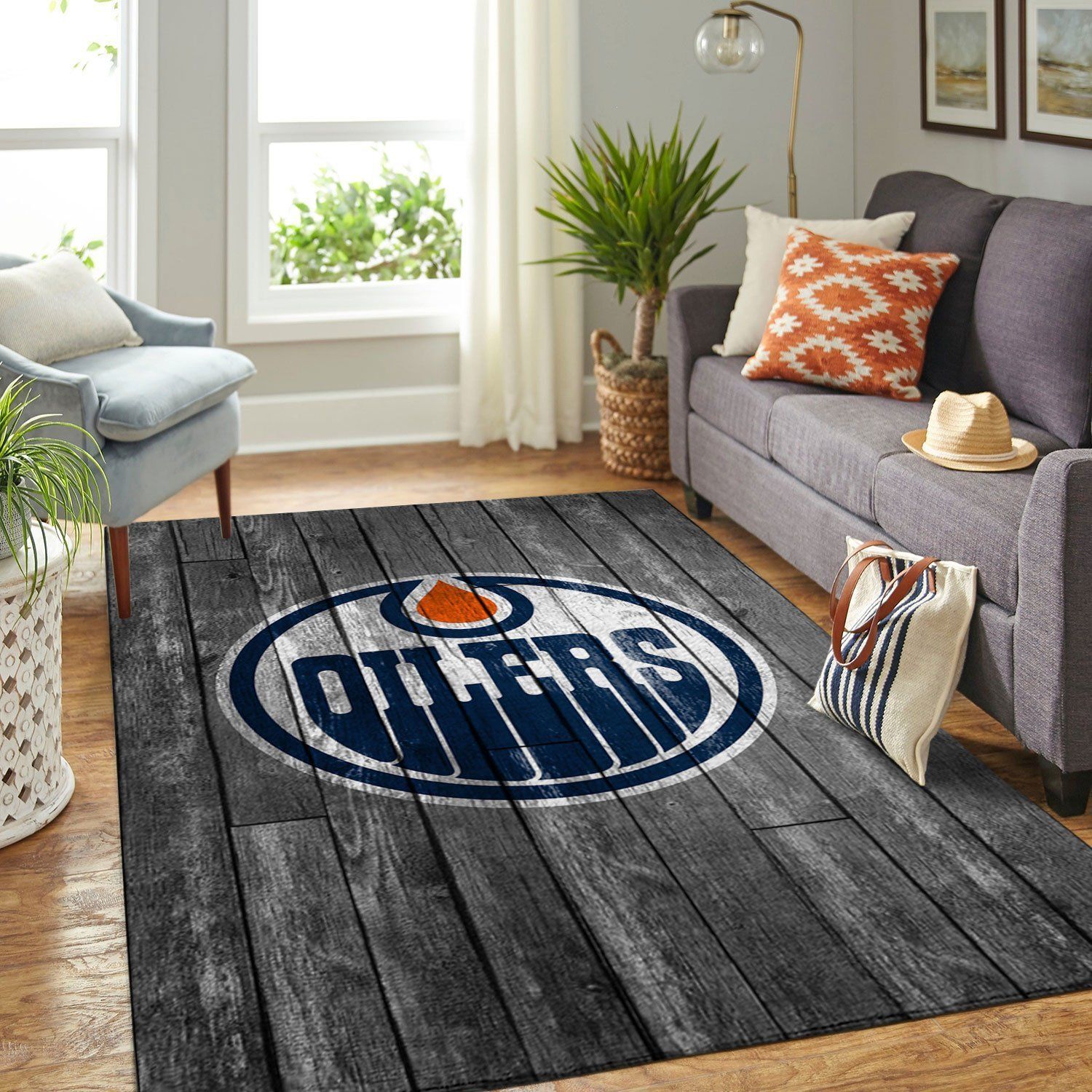 Edmonton Oilers Nhl Team Logo Grey Wooden Type 7667 Rug Area Carpet Home Decor Living Room