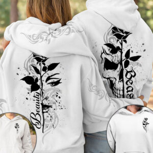 Matching Couple All Over Print Hoodie Her Beast His Beauty Skull Half Face Rose