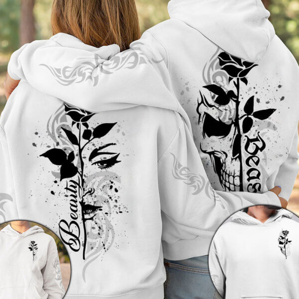 Matching Couple All Over Print Hoodie Her Beast His Beauty Skull Half Face Rose