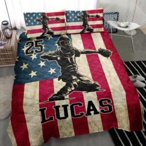 Personalized Baseball Quilt Set Baseball Catcher Us Flag