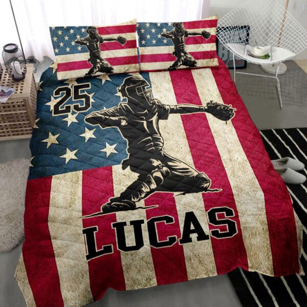 Personalized Baseball Quilt Set Baseball Catcher Us Flag
