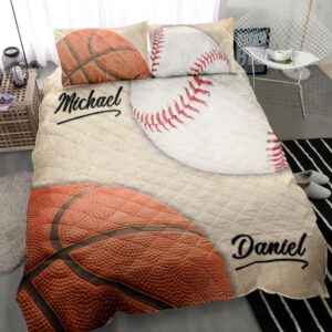 Personalized Basketball Quilt Set Basketball Baseball Ball Beige