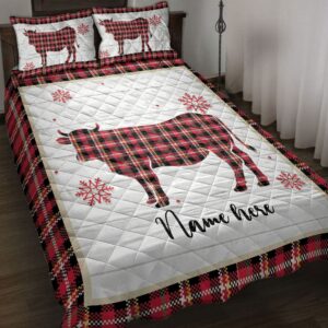 Personalized Cow Quilt Set Christmas Cow Snowflake Red Plaid
