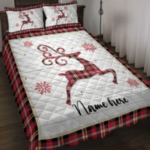 Personalized Deer Quilt Set Christmas Reindeer Snowflake Red Plaid