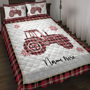 Personalized Tractor Quilt Set Christmas Tractor Snowflake Red Plaid