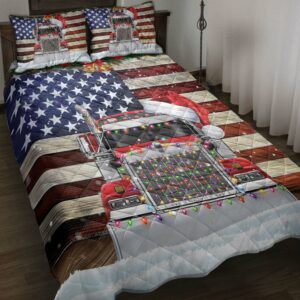 Trucker Quilt Set Red Truck Wearing Christmas Hat With String Light Us Flag