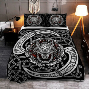 Viking Quilt Set Fenrir Wolf With Norse Pattern
